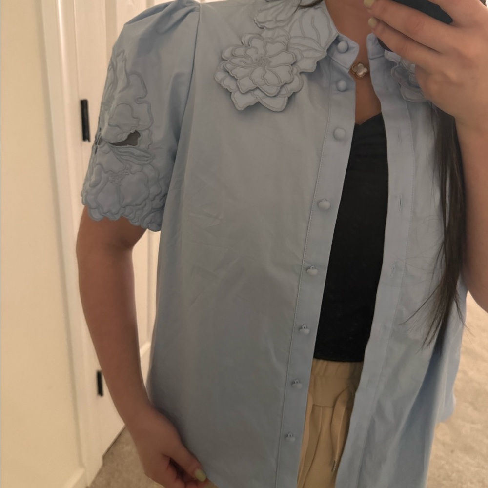 Light Blue Button-Up Blouse with Floral Details Appliqué